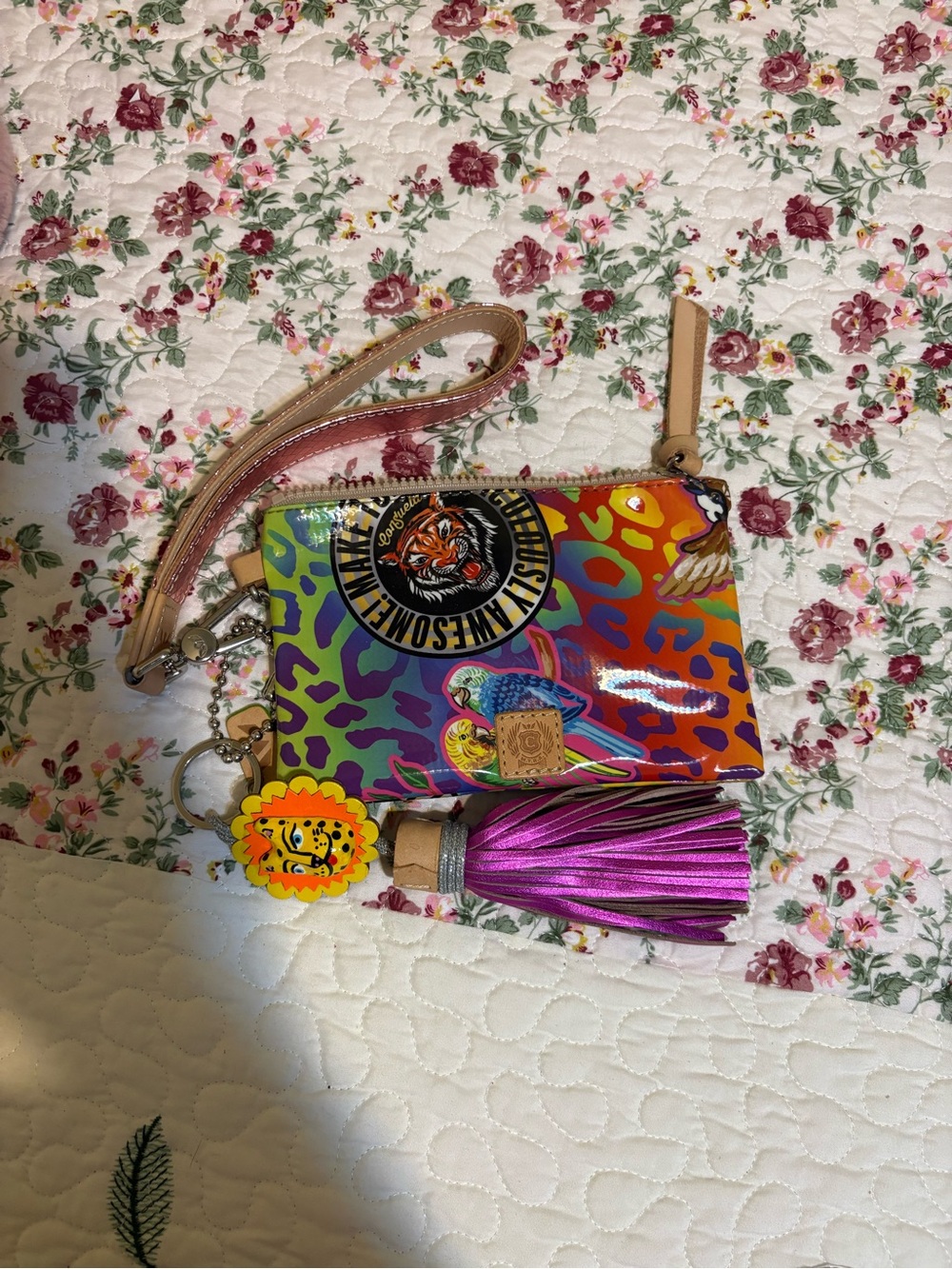 Consuela Multicolor Leopard-Print Wristlet with Purple Tassel